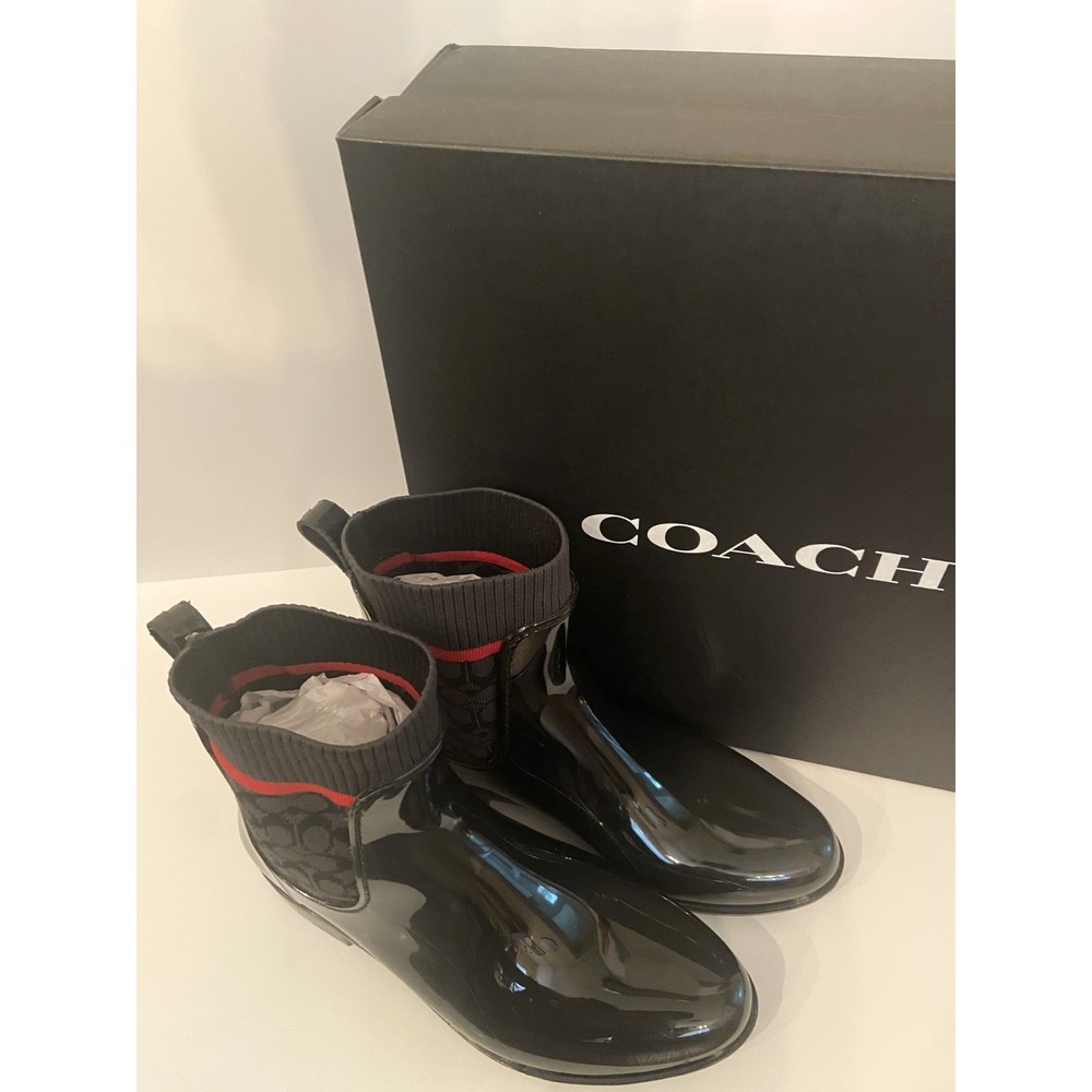 COACH Women's Waterproof Short Logo Stretch Pull‑On Ankle Rain Booties Size 8